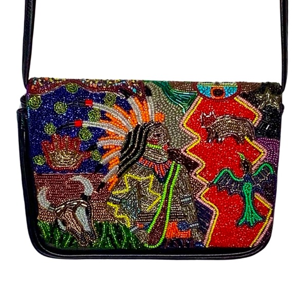 Vintage Beaded Native American Indian Headdress Crossbody Bag